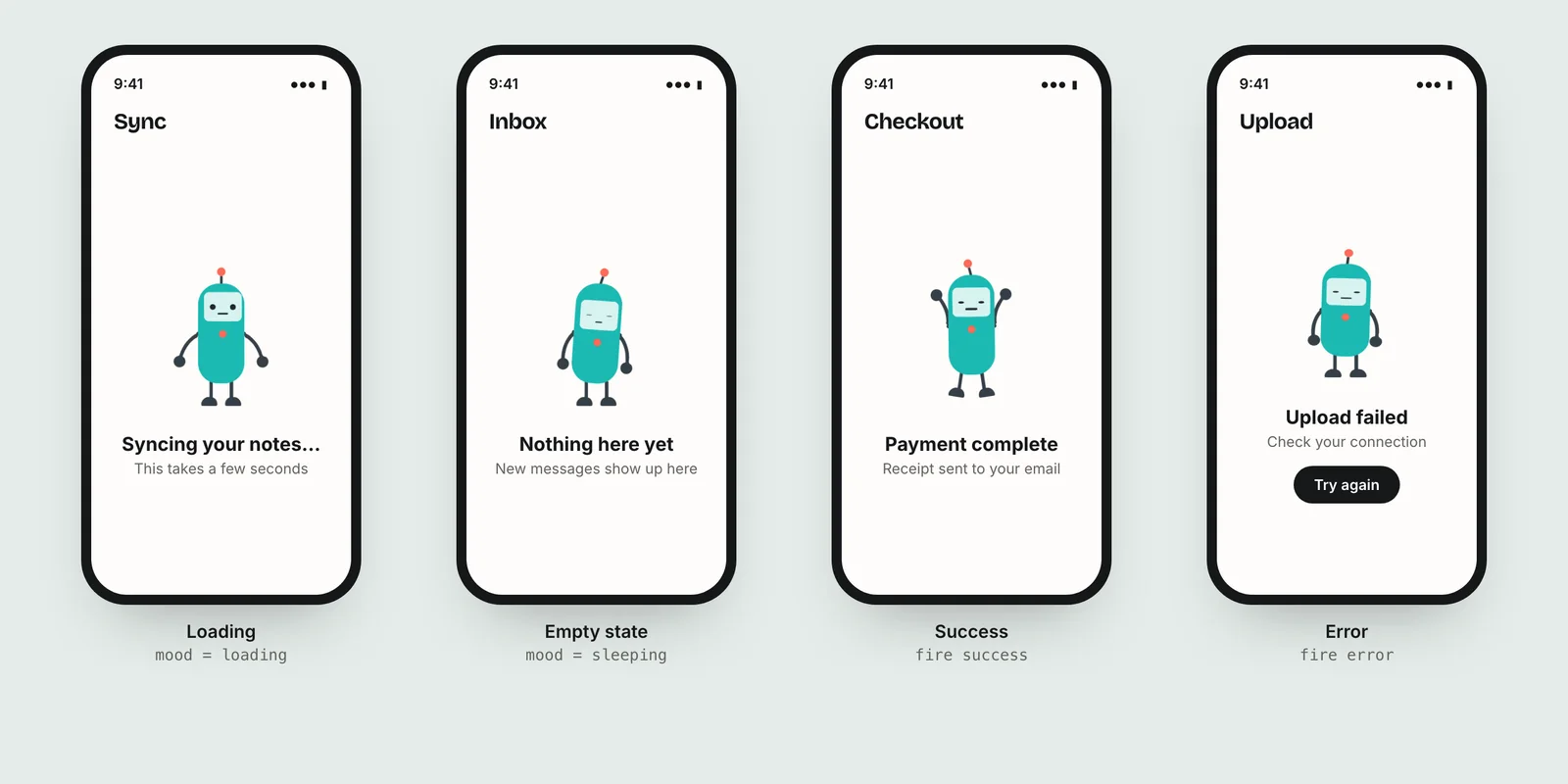 Four phone screens using a mascot for loading, an empty inbox, a completed payment and a failed upload