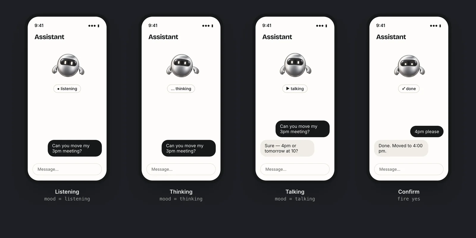 Chat assistant screens with an animated avatar listening, thinking, talking and confirming