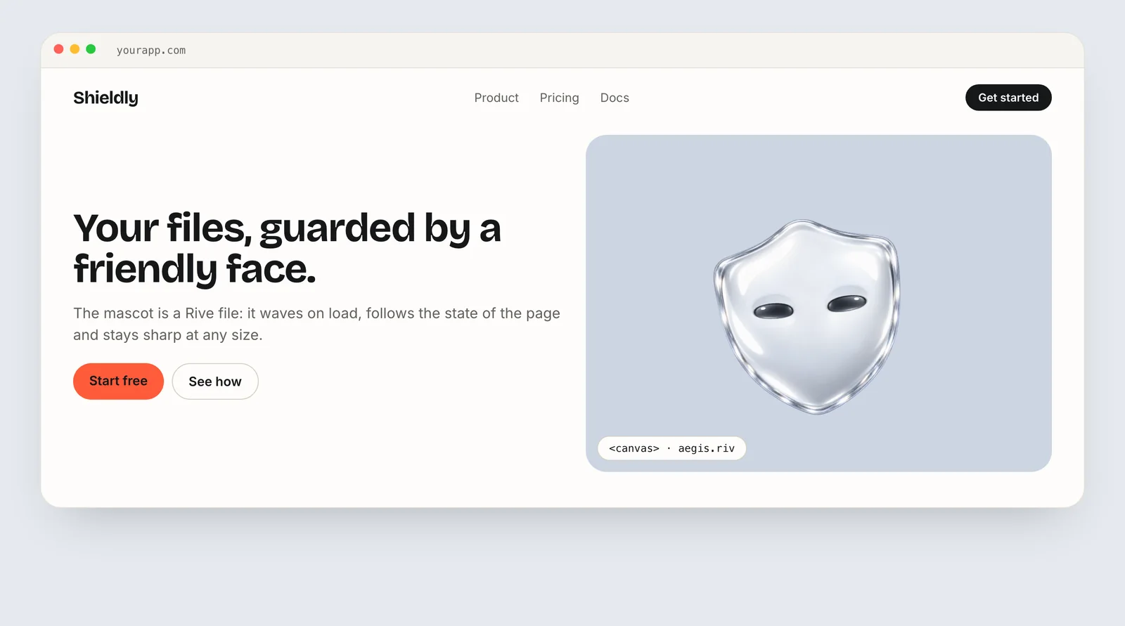 Website mockup with a headline on the left and an animated 3D shield mascot playing from a Rive file in the hero