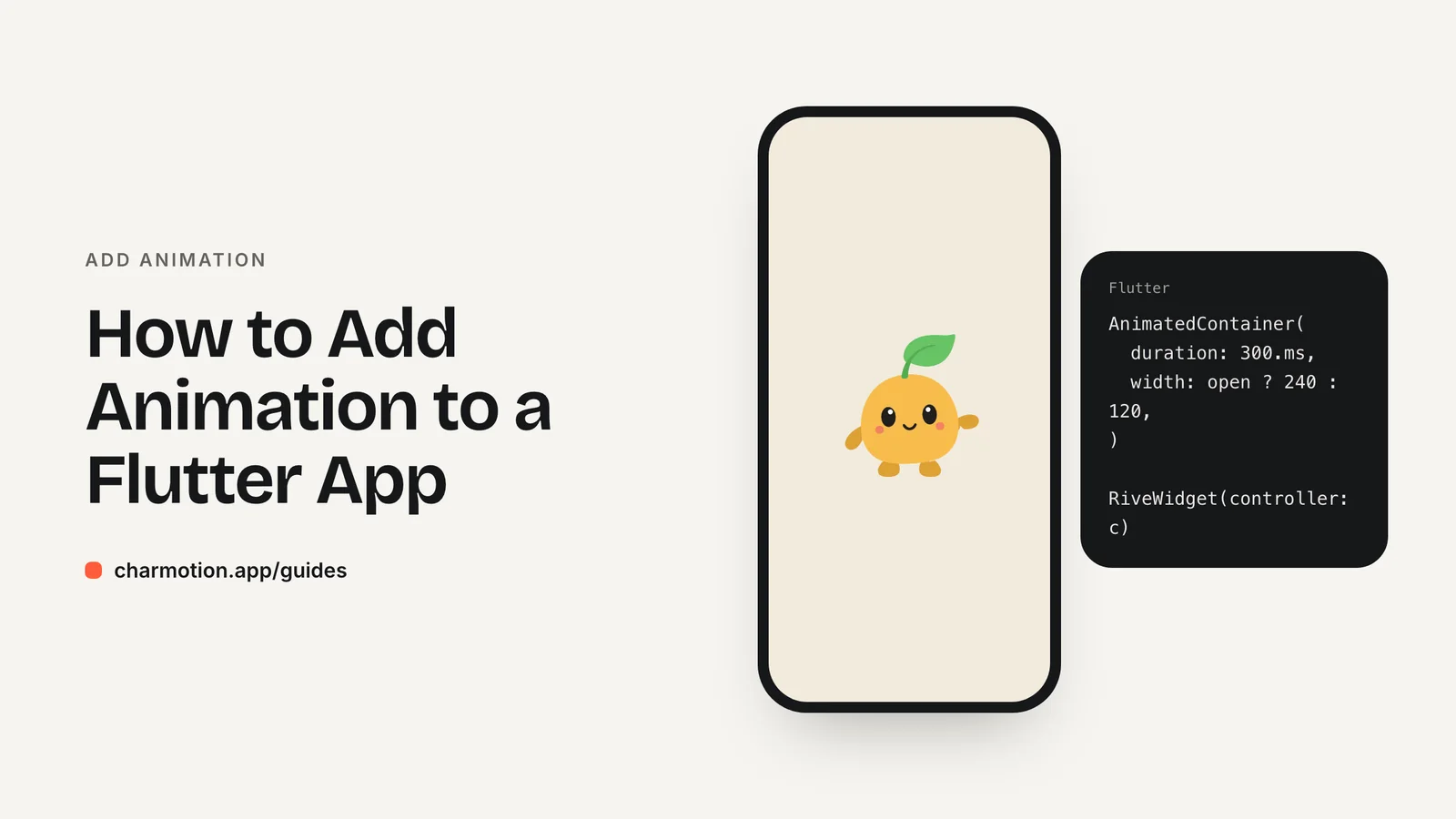 Cover illustration for the guide: How to Add Animation to a Flutter App, with Charmotion demo characters