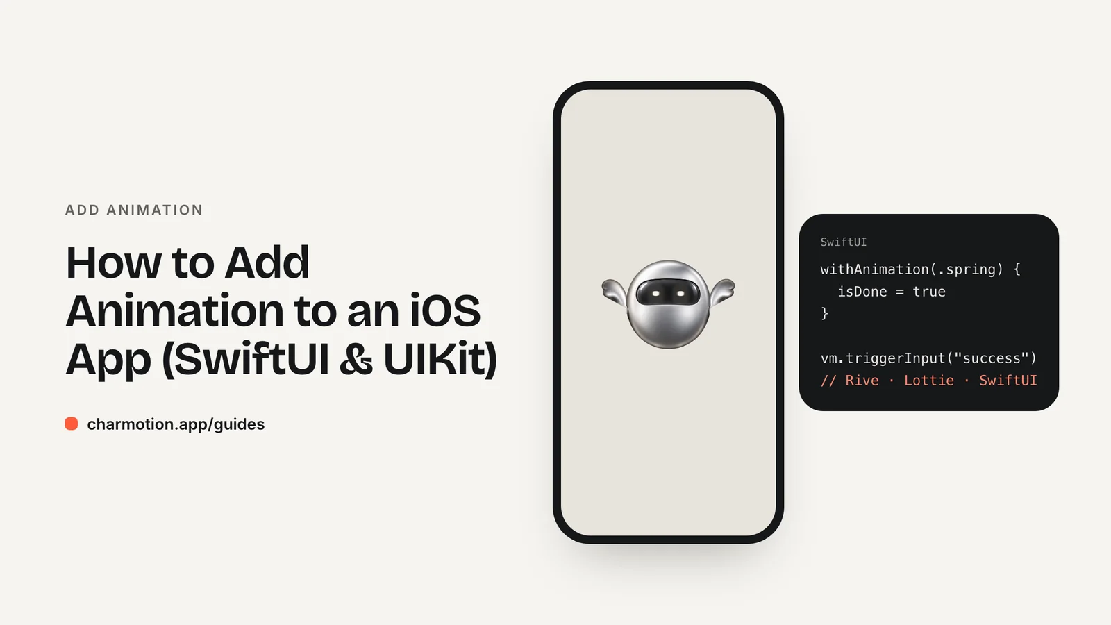 Cover illustration for the guide: How to Add Animation to an iOS App (SwiftUI & UIKit), with Charmotion demo characters