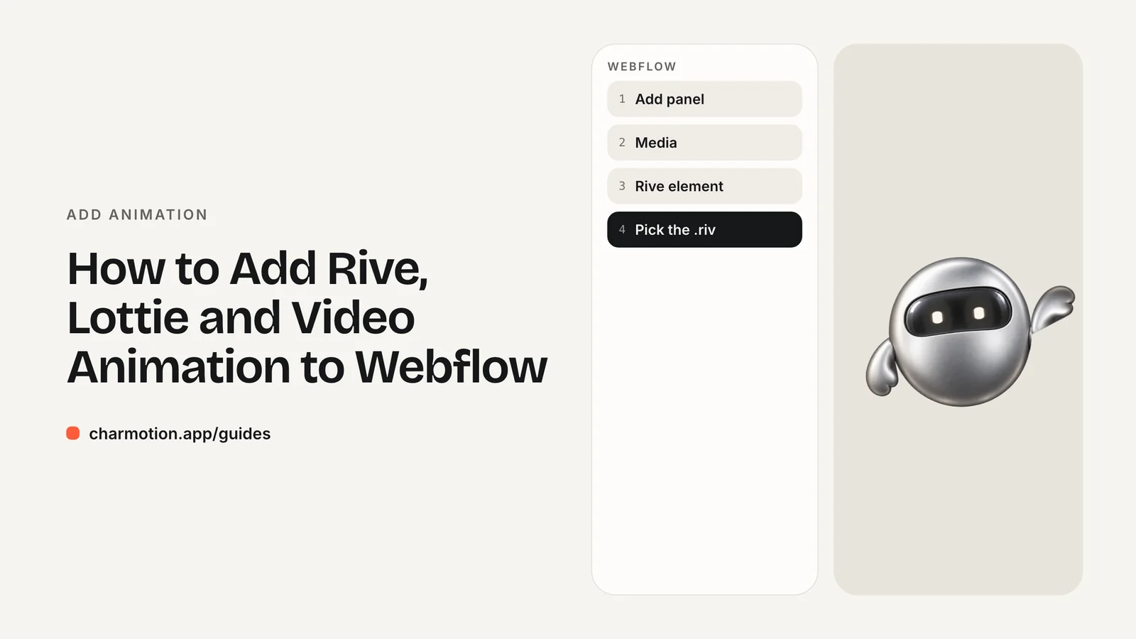Cover illustration for the guide: How to Add Rive, Lottie and Video Animation to Webflow, with Charmotion demo characters