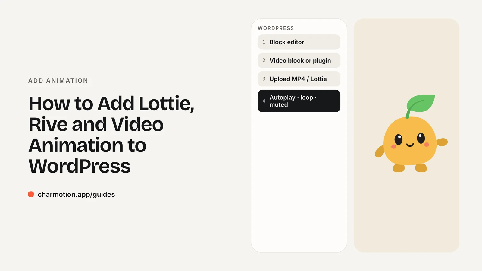 Cover illustration for the guide: How to Add Lottie, Rive and Video Animation to WordPress, with Charmotion demo characters