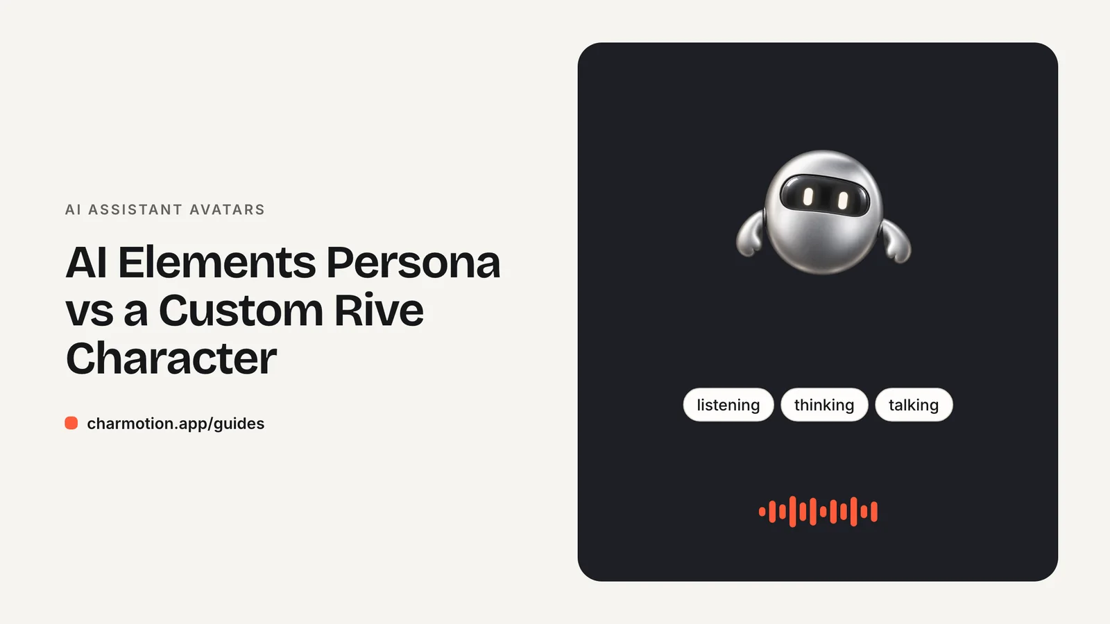 Cover illustration for the AI assistant avatars guide: AI Elements Persona vs a Custom Rive Character, with Charmotion demo characters