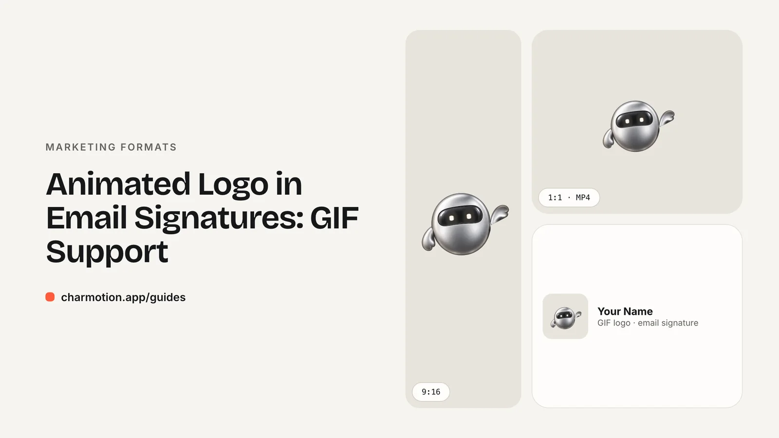 Cover illustration for the marketing formats guide: Animated Logo in Email Signatures: GIF Support, with Charmotion demo characters