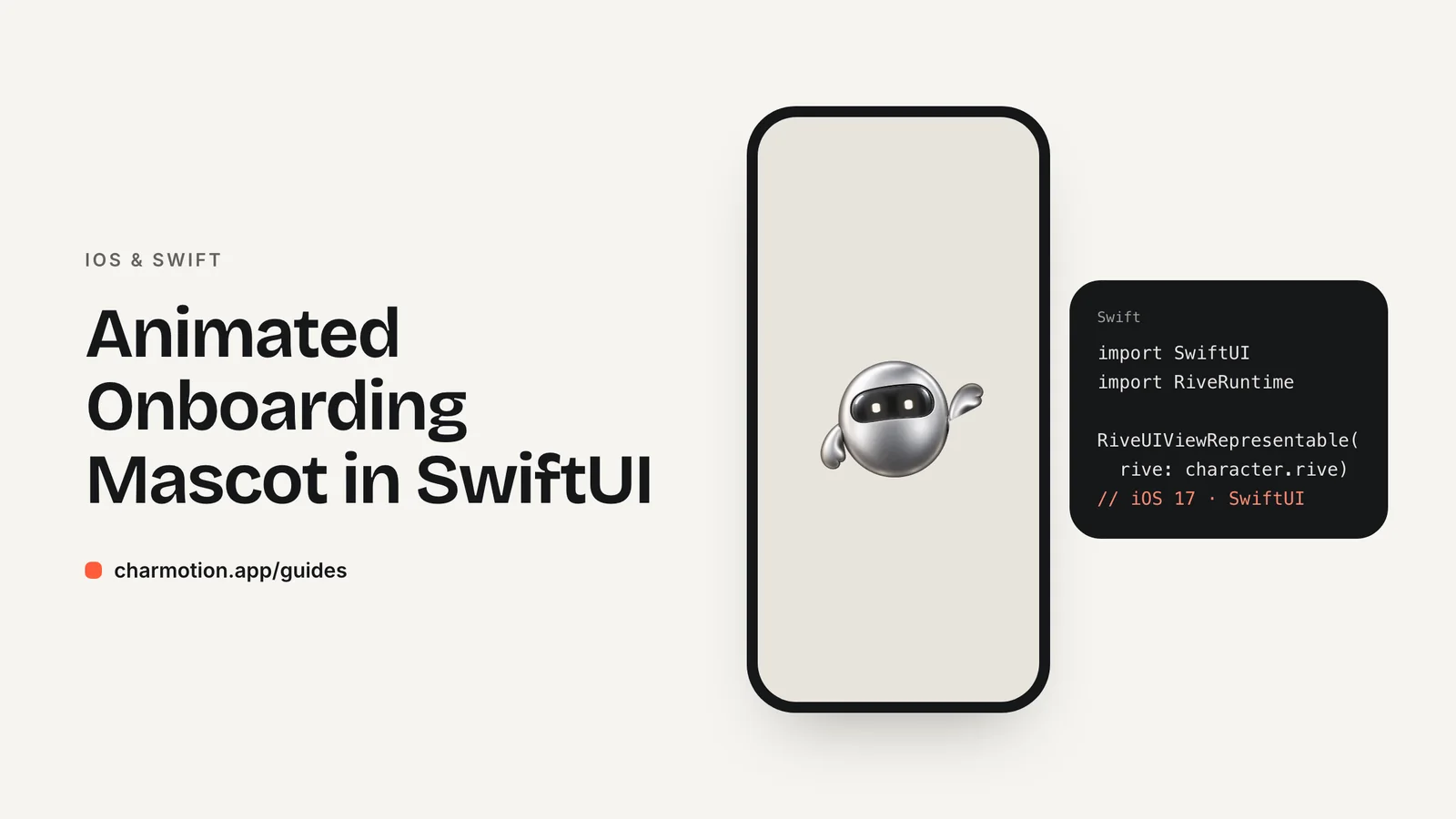 Cover illustration for the iOS & Swift guide: Animated Onboarding Mascot in SwiftUI, with Charmotion demo characters