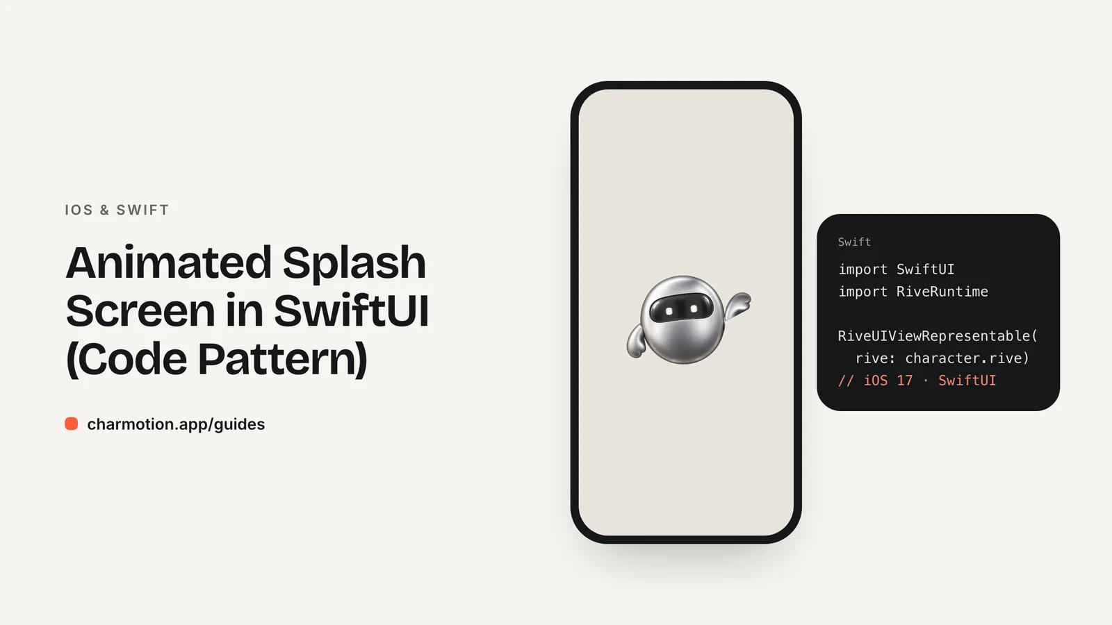 Cover illustration for the iOS & Swift guide: Animated Splash Screen in SwiftUI (Code Pattern), with Charmotion demo characters