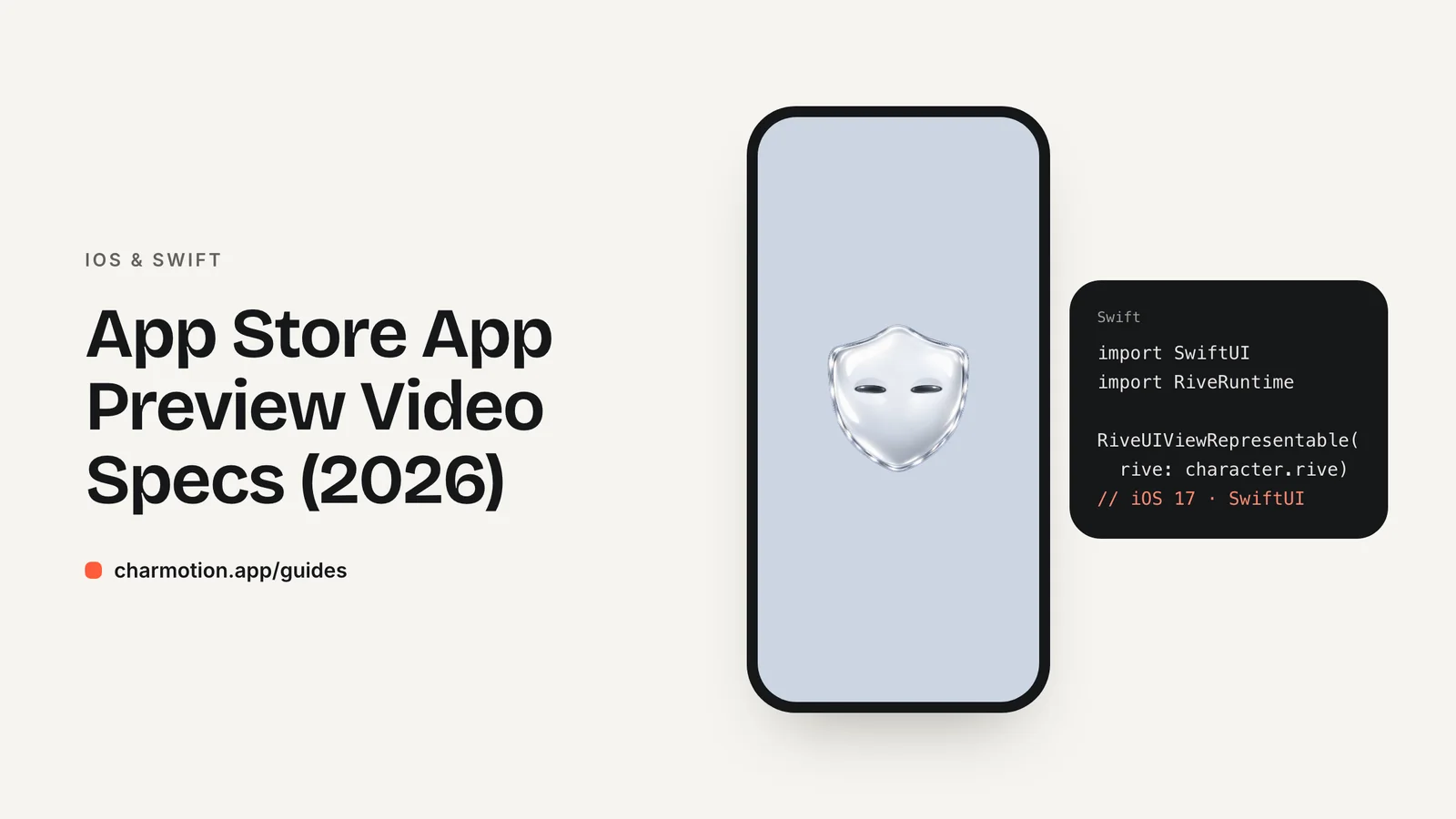 Cover illustration for the iOS & Swift guide: App Store App Preview Video Specs (2026), with Charmotion demo characters