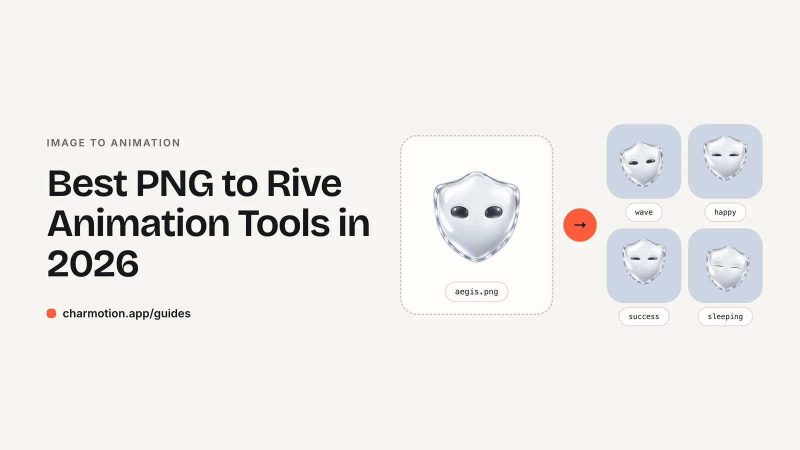 Cover illustration for the guide: Best PNG to Rive Animation Tools in 2026 — a shield mascot PNG becomes animated states