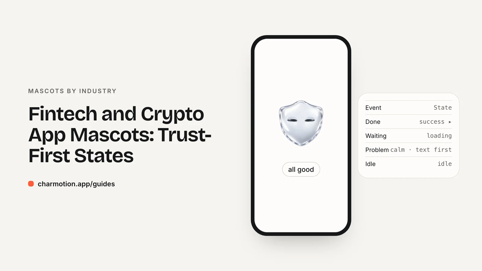 Cover illustration for the mascots by industry guide: Fintech and Crypto App Mascots: Trust-First States, with Charmotion demo characters