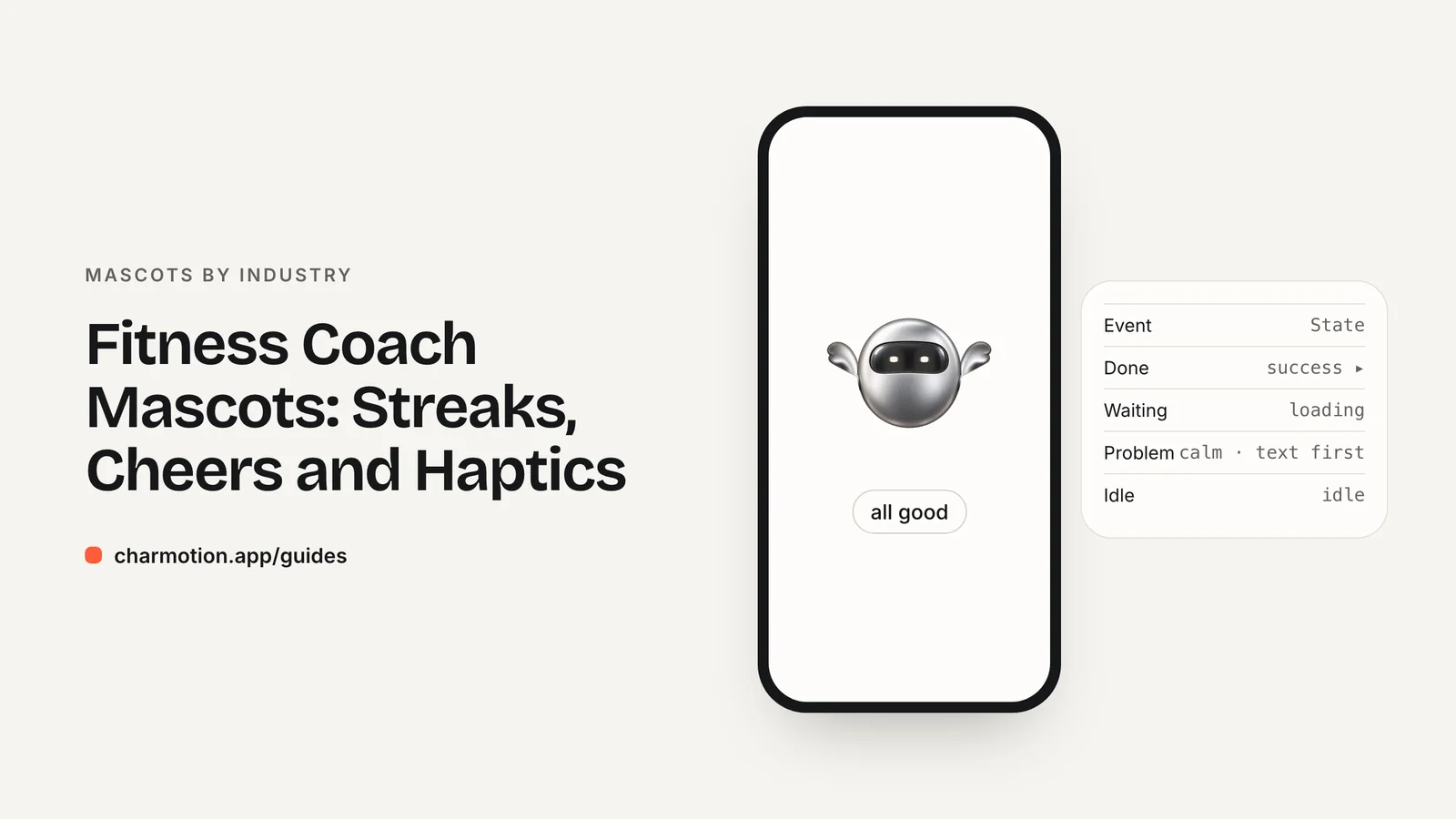 Cover illustration for the mascots by industry guide: Fitness Coach Mascots: Streaks, Cheers and Haptics, with Charmotion demo characters