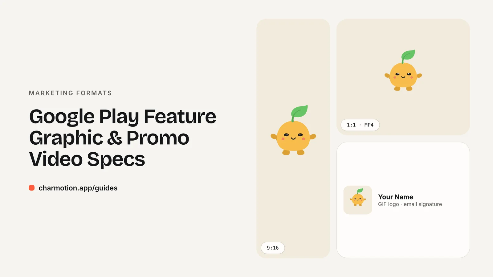 Cover illustration for the marketing formats guide: Google Play Feature Graphic & Promo Video Specs, with Charmotion demo characters