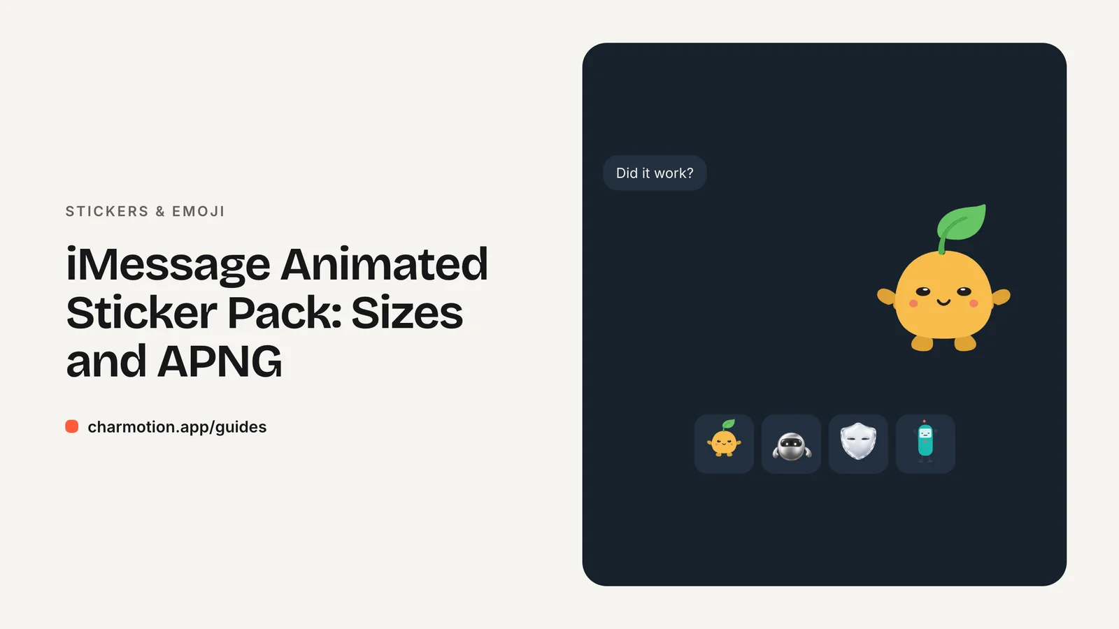 Cover illustration for the stickers & emoji guide: iMessage Animated Sticker Pack: Sizes and APNG, with Charmotion demo characters