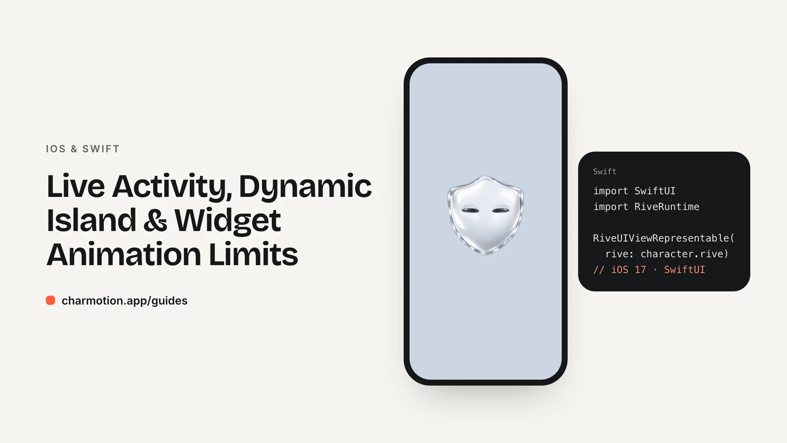 Cover illustration for the iOS & Swift guide: Live Activity, Dynamic Island & Widget Animation Limits, with Charmotion demo characters
