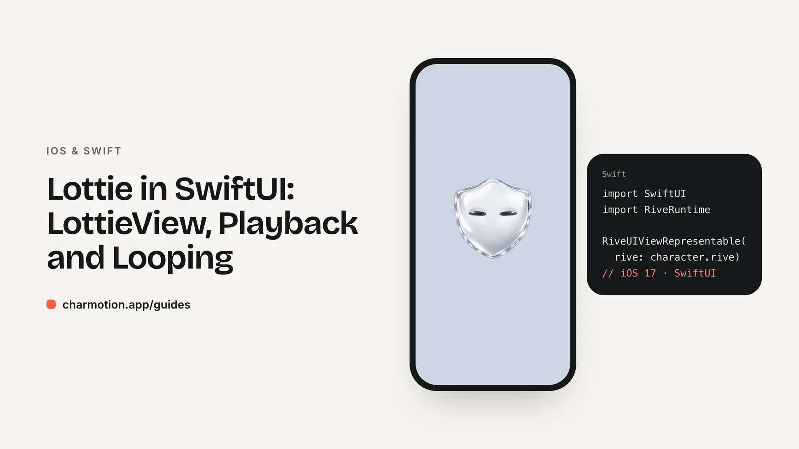 Cover illustration for the iOS & Swift guide: Lottie in SwiftUI: LottieView, Playback and Looping, with Charmotion demo characters