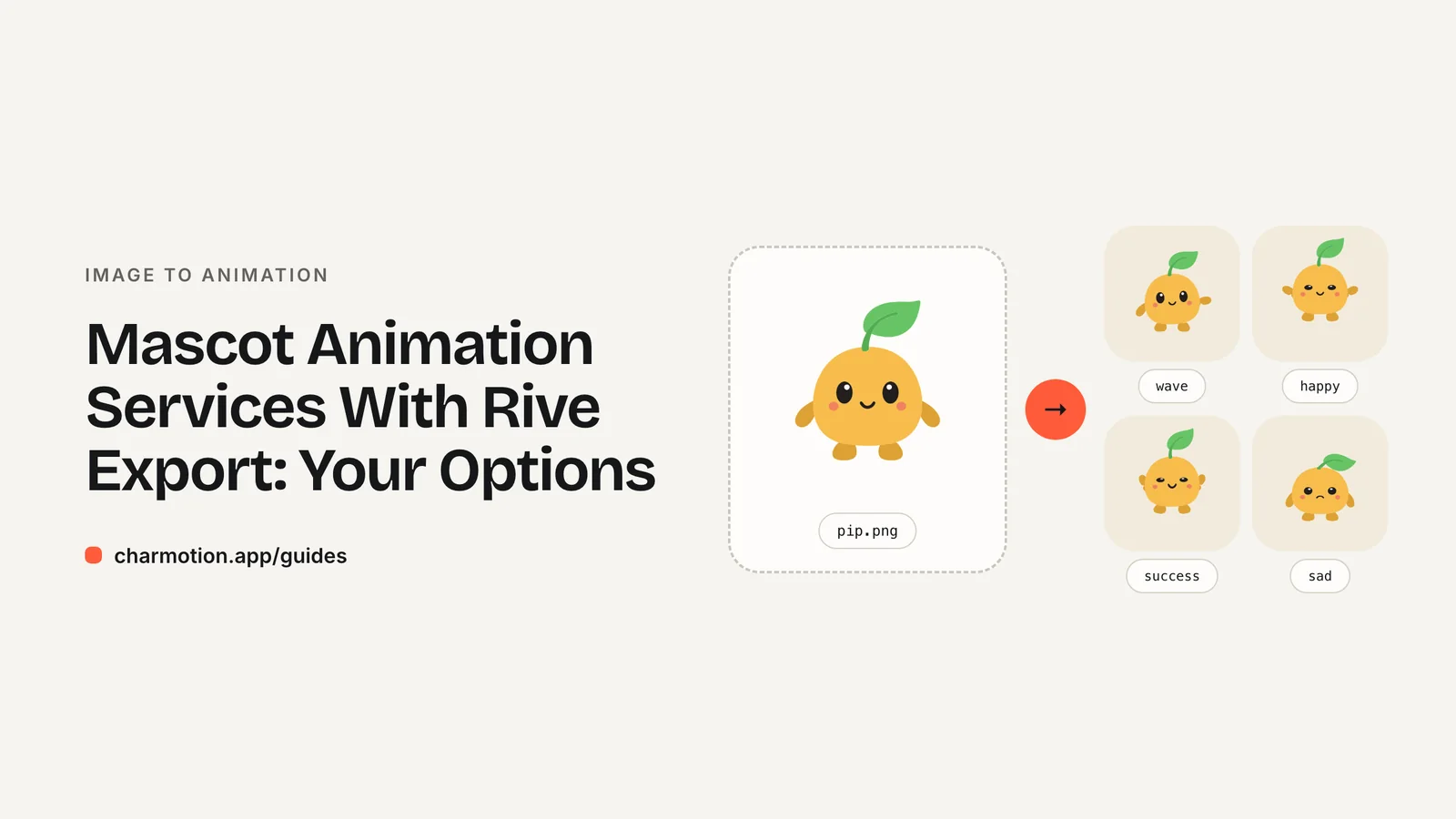 Cover illustration for the guide: Mascot Animation Services With Rive Export — a fruit mascot becomes animated states