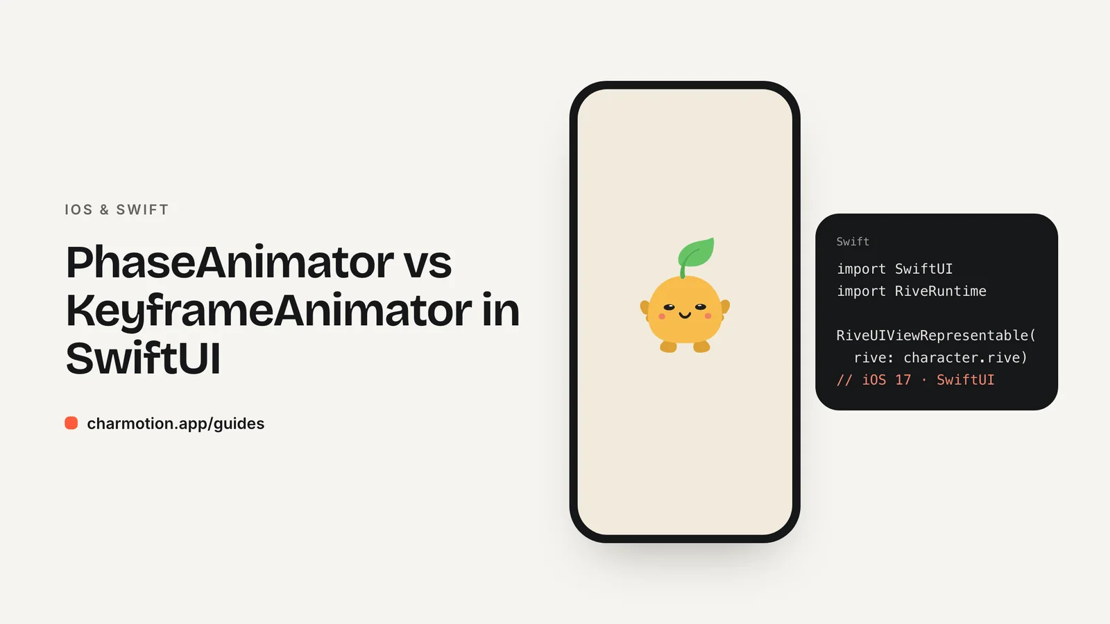 Cover illustration for the iOS & Swift guide: PhaseAnimator vs KeyframeAnimator in SwiftUI, with Charmotion demo characters