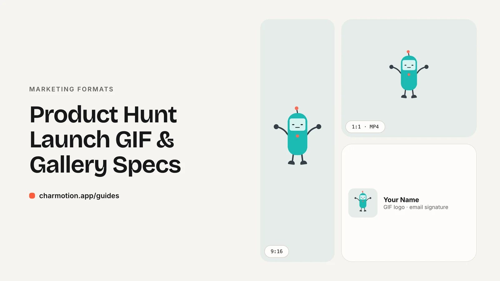Cover illustration for the marketing formats guide: Product Hunt Launch GIF & Gallery Specs, with Charmotion demo characters