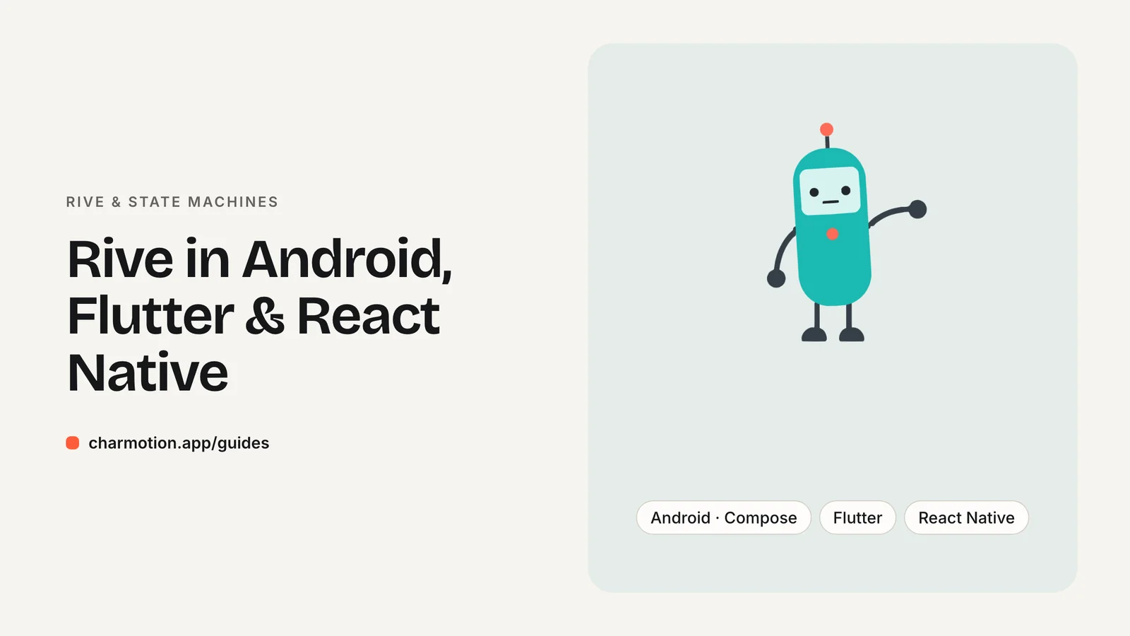 Cover illustration for the guide: Rive in Android, Flutter & React Native, with Charmotion demo characters