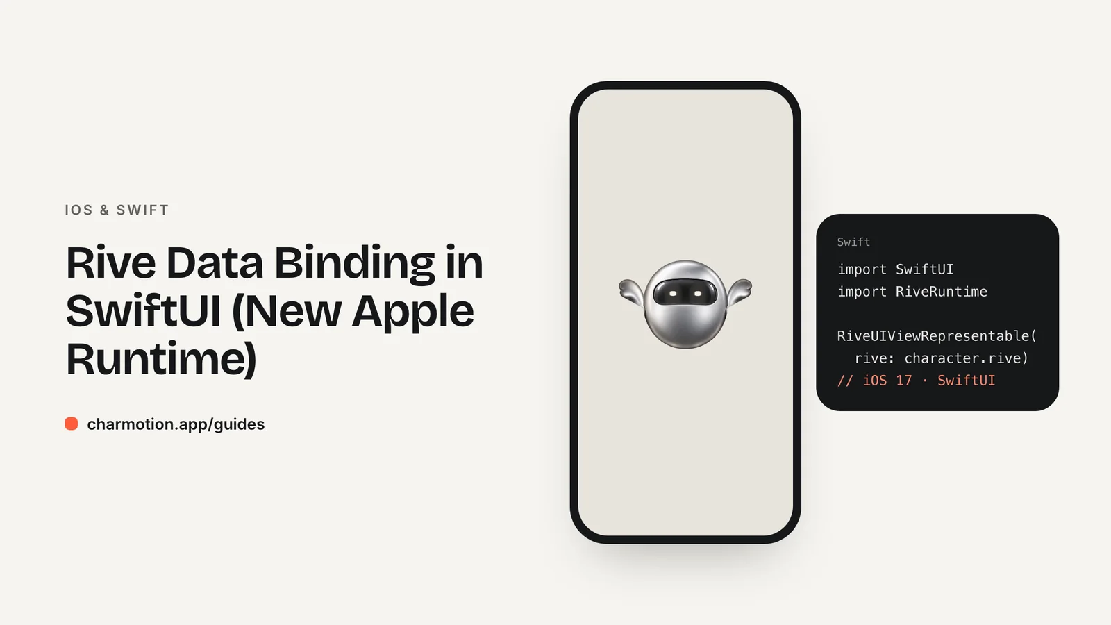 Cover illustration for the iOS & Swift guide: Rive Data Binding in SwiftUI (New Apple Runtime), with Charmotion demo characters