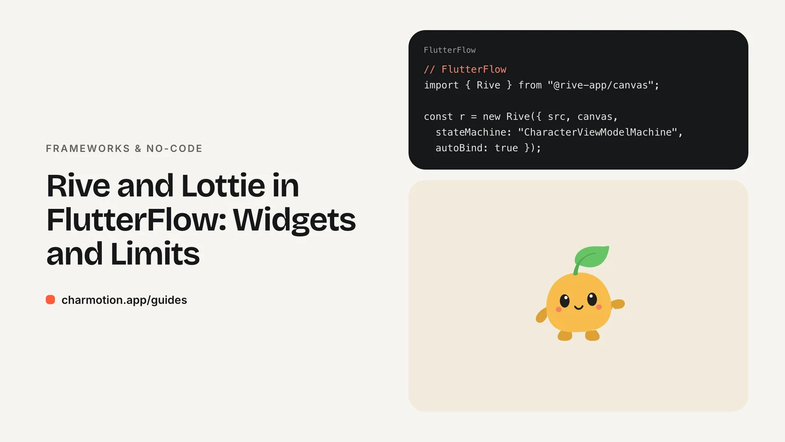 Cover illustration for the frameworks & no-code guide: Rive and Lottie in FlutterFlow: Widgets and Limits, with Charmotion demo characters