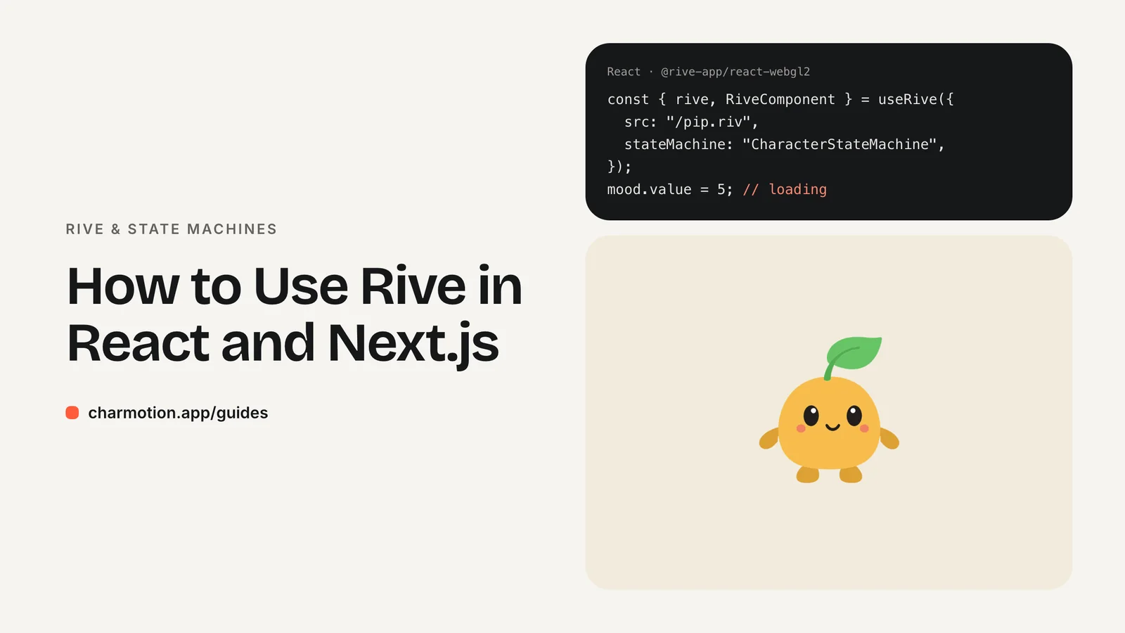 Cover illustration for the guide: How to Use Rive in React and Next.js, with Charmotion demo characters