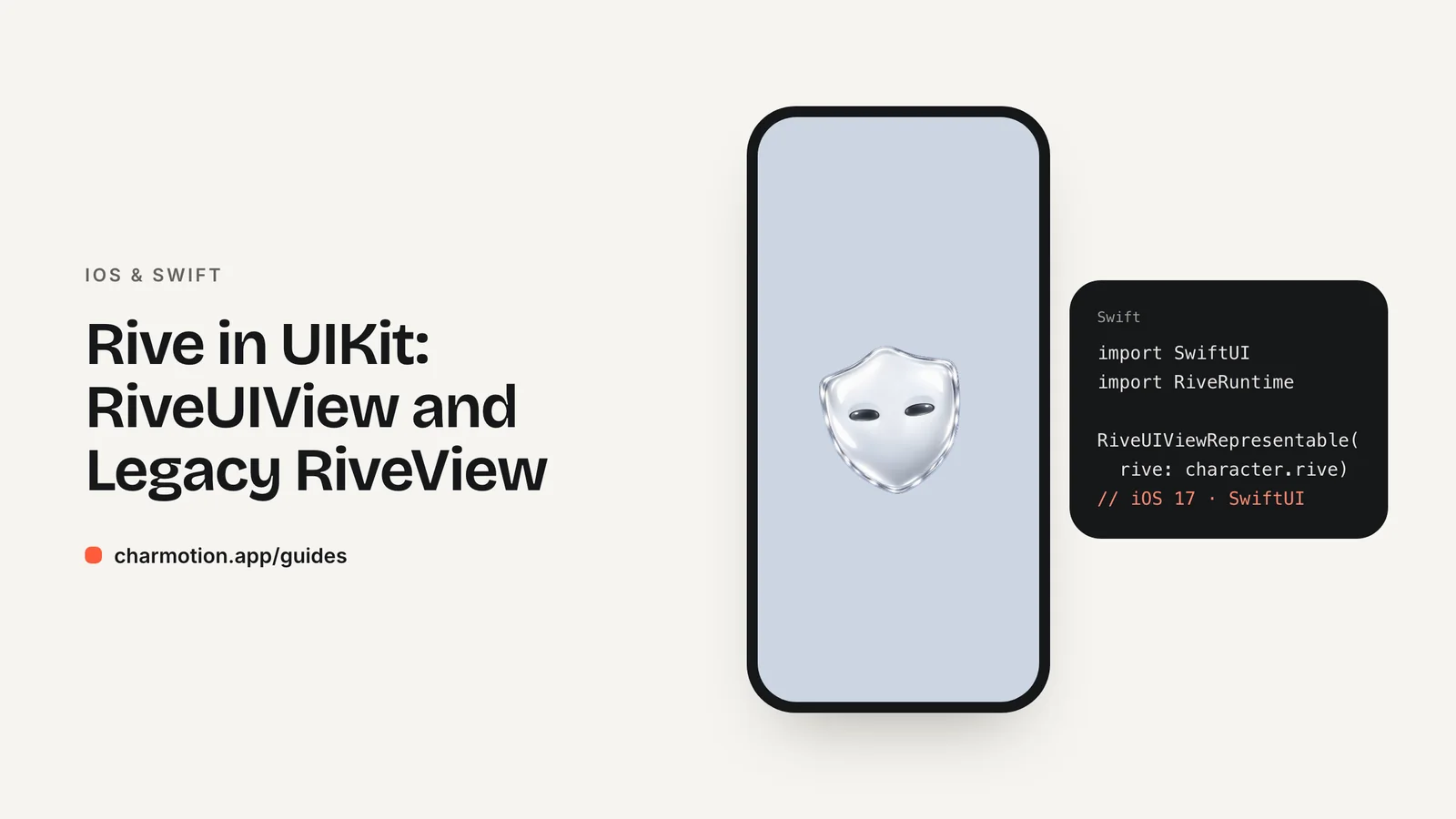 Cover illustration for the iOS & Swift guide: Rive in UIKit: RiveUIView and Legacy RiveView, with Charmotion demo characters