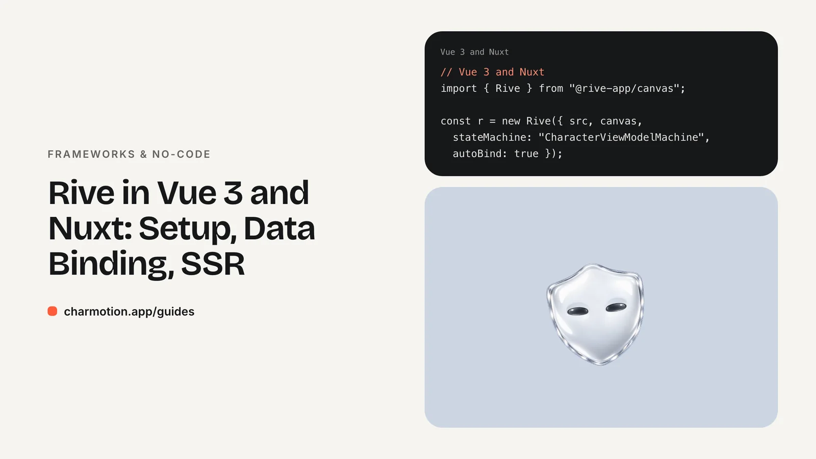 Cover illustration for the frameworks & no-code guide: Rive in Vue 3 and Nuxt: Setup, Data Binding, SSR, with Charmotion demo characters