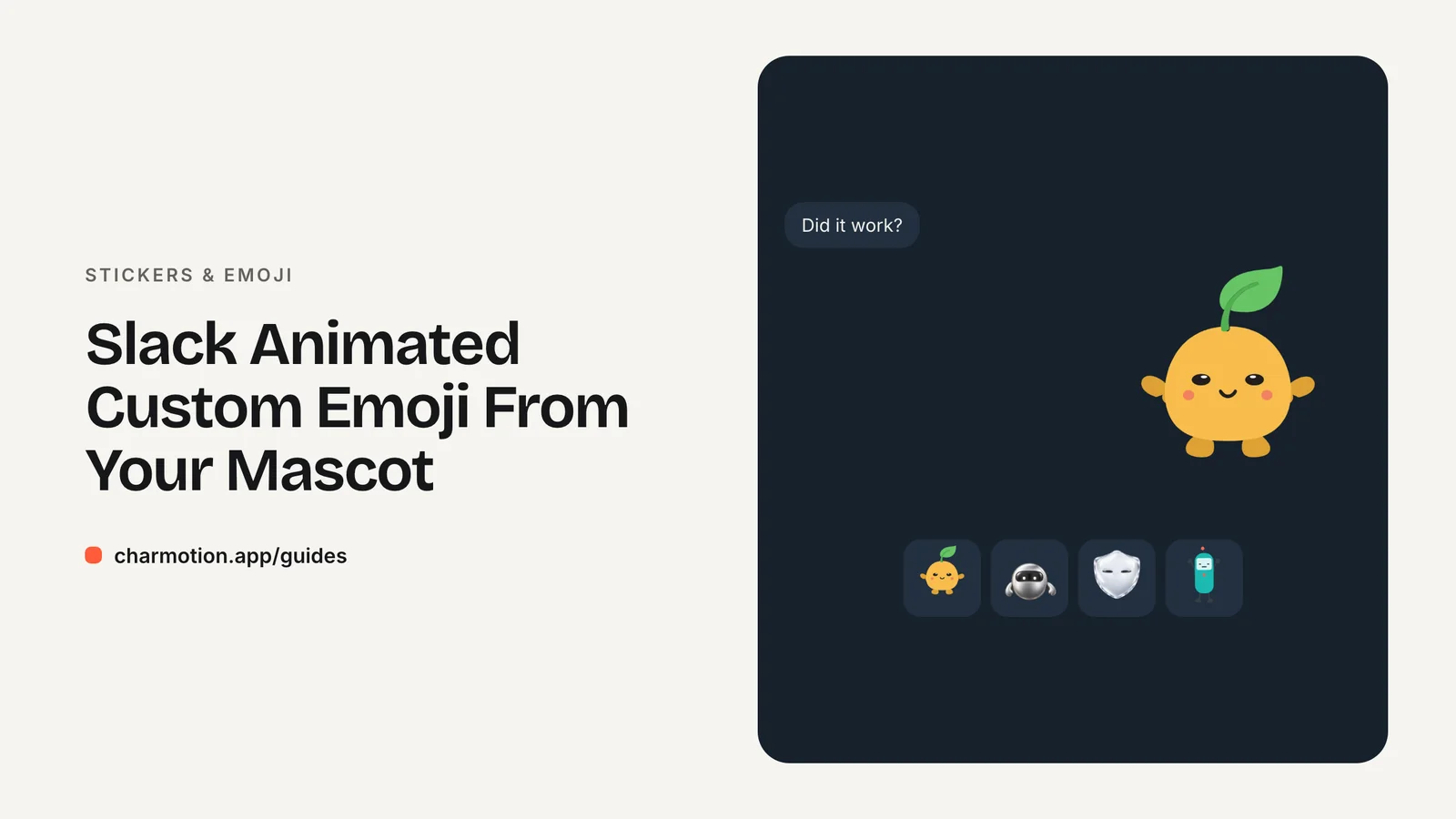Cover illustration for the stickers & emoji guide: Slack Animated Custom Emoji From Your Mascot, with Charmotion demo characters