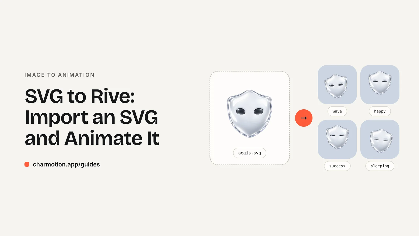 Cover illustration for the guide: SVG to Rive — a shield mascot SVG becomes animated states in Rive