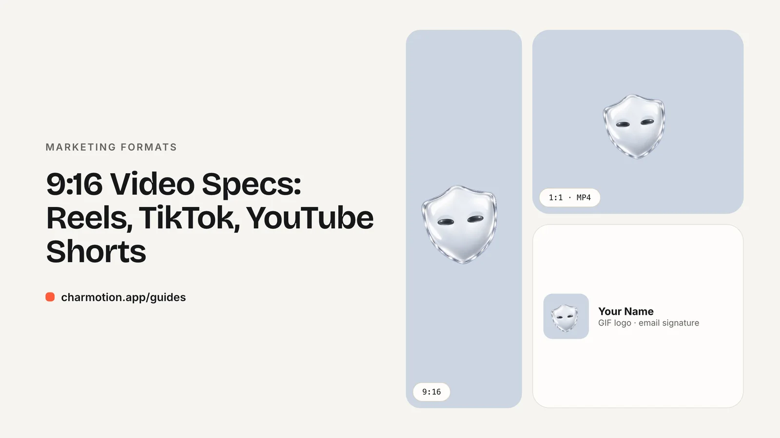 Cover illustration for the marketing formats guide: 9:16 Video Specs: Reels, TikTok, YouTube Shorts, with Charmotion demo characters
