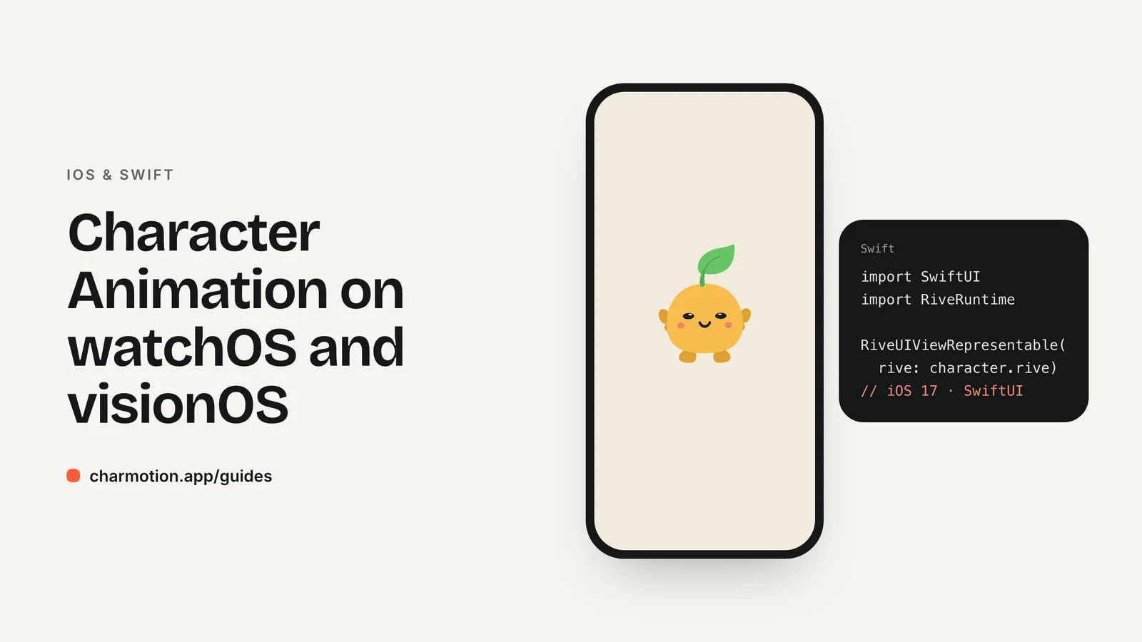 Cover illustration for the iOS & Swift guide: Character Animation on watchOS and visionOS, with Charmotion demo characters