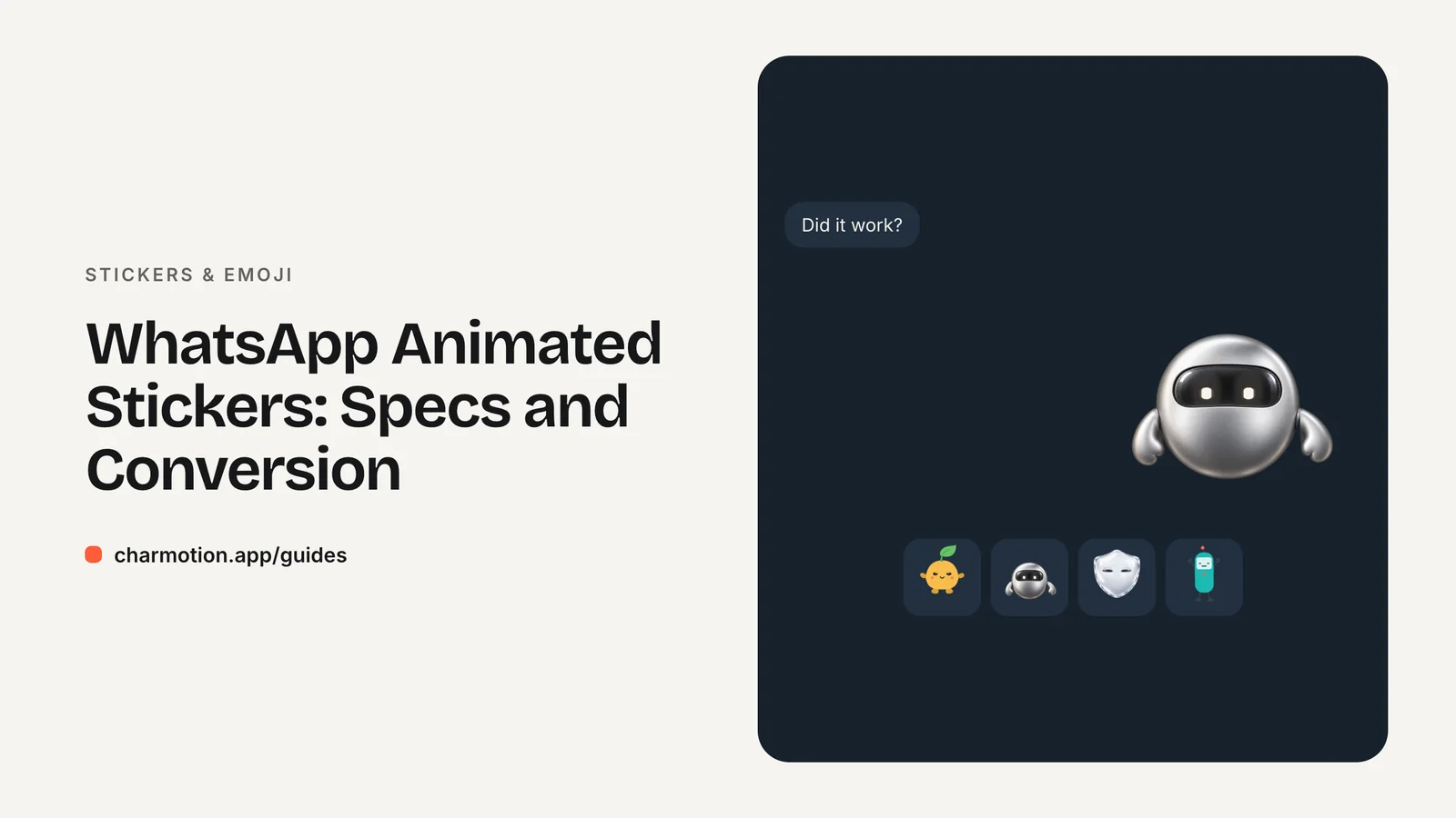 Cover illustration for the stickers & emoji guide: WhatsApp Animated Stickers: Specs and Conversion, with Charmotion demo characters