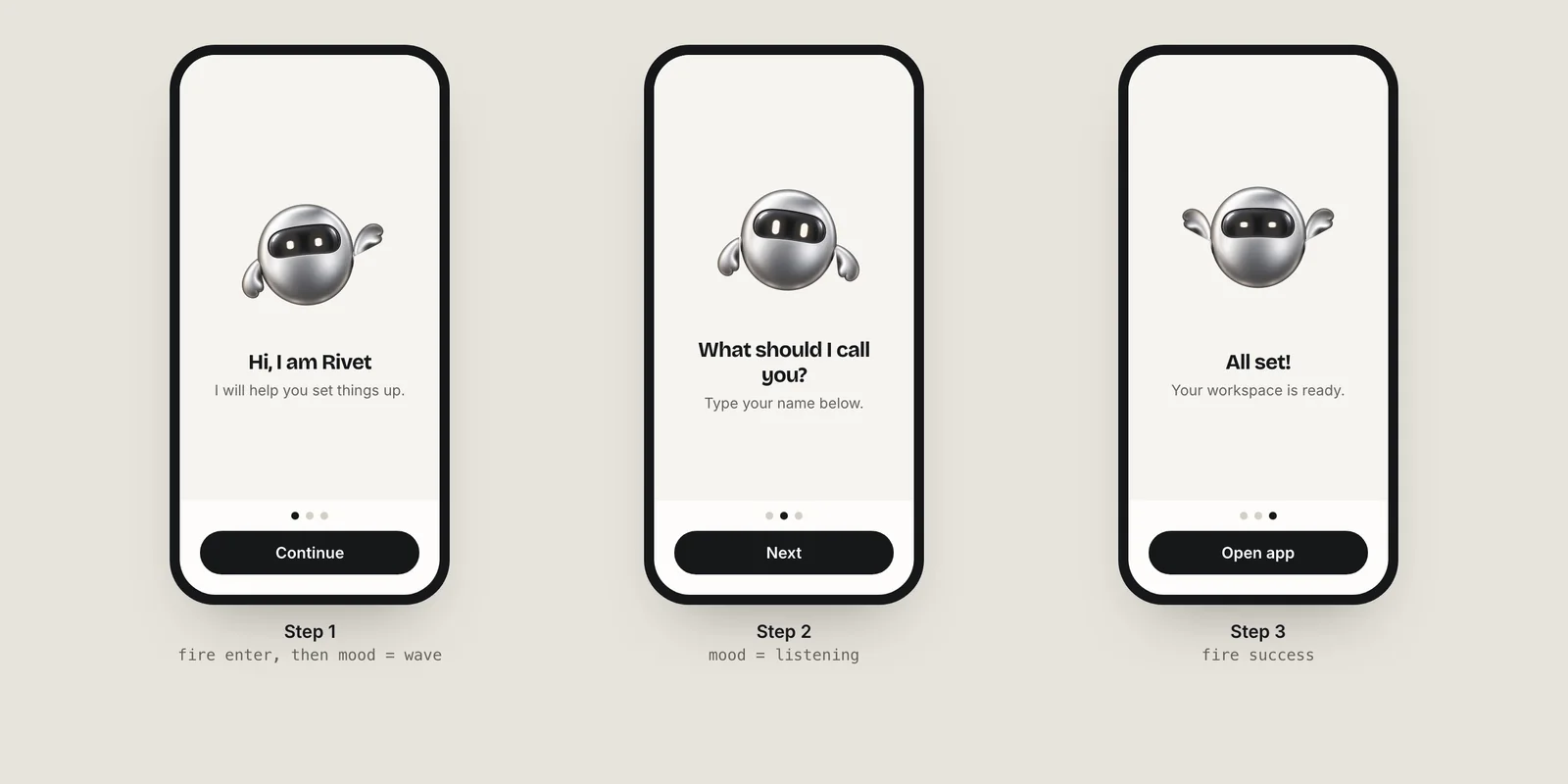 Three onboarding screens where a robot mascot waves, listens while the user types, then celebrates