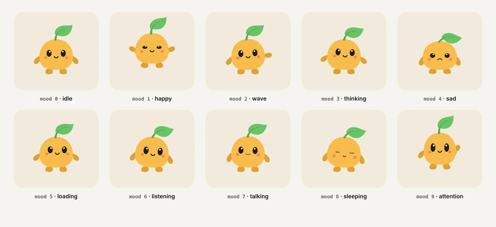 Ten looping states of one character, each selected by a mood number from 0 to 9