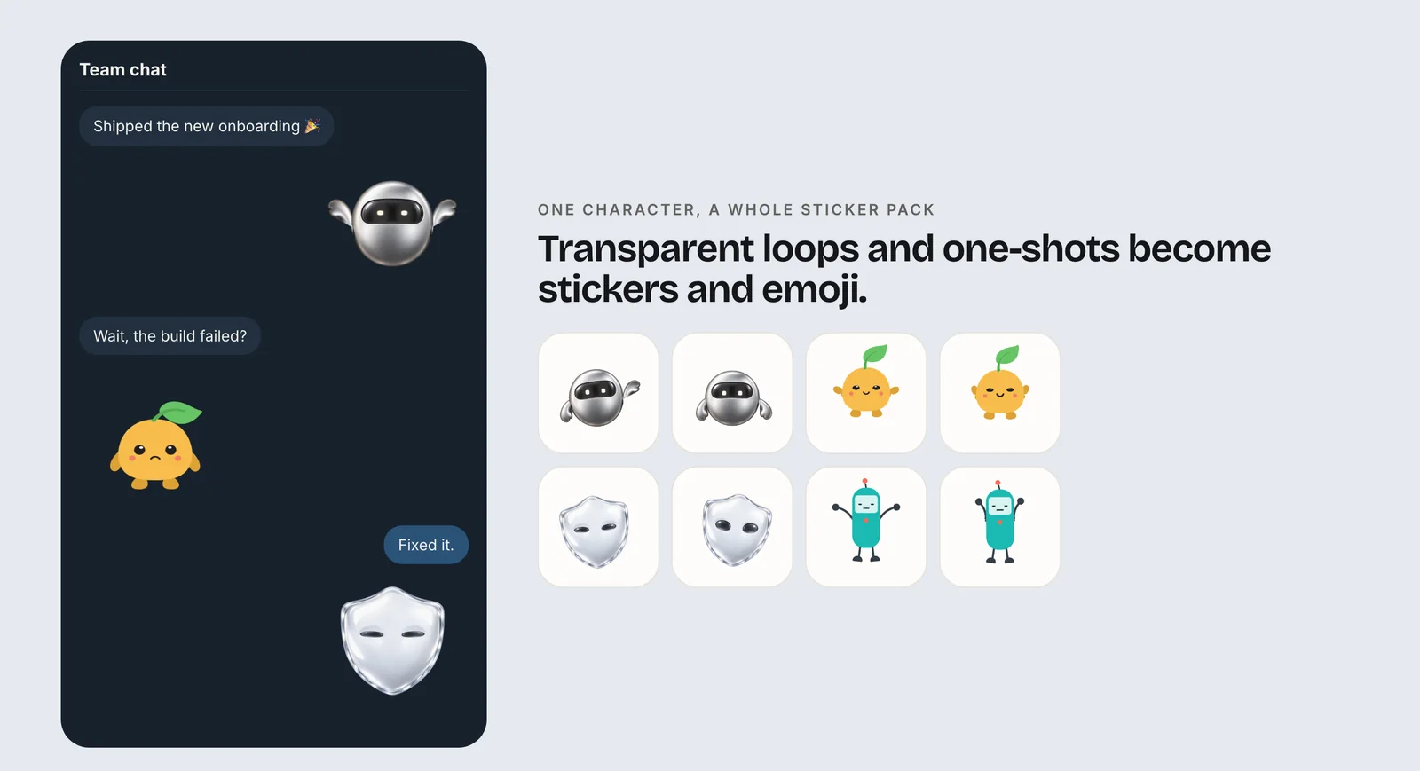 A team chat with animated character stickers, next to a tray of eight transparent character stickers